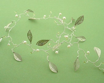 Crystal Pearl Leaf Hair Vine – Sterling Silver Wedding Headpiece