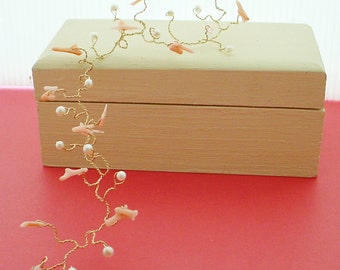 Tiara de cabelo de coral e pérola, fio dourado, acessório de cabelo flexível para noivas