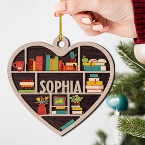 Personalized Heart Shaped Bookshelf Layered Wood Ornament, Custom Name Book Christmas Tree Ornament, 2 Layered Book Christmas Home Decor