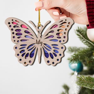 Personalized Butterfly Layered Wood Ornament, Custom Name 2 Layered Butterfly Christmas 2024 Hanging Ornament, Butterfly Lover Gift