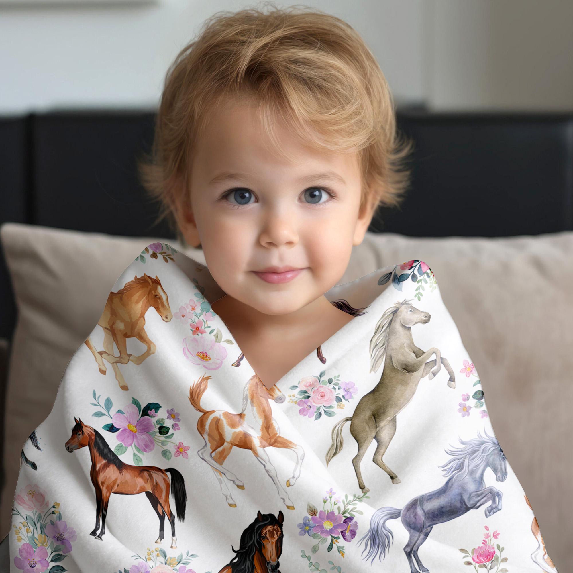 Personalized Horse Blanket, Custom Name Horse Fleece Sherpa Throw Blanket, Baby Blanket, Floral Horse Blanket