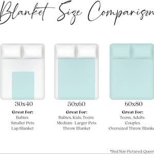 May include: A graphic showing three different sizes of blankets with their dimensions and suggested uses. The smallest blanket is 30x40 inches and is great for babies, smaller pets, and as a lap blanket. The middle blanket is 50x60 inches and is great for babies, kids, teens, medium-larger pets, and as a throw blanket. The largest blanket is 60x80 inches and is great for teens, adults, couples, and as an oversized throw blanket. The text "*Bed Size Pictured: Queen" is at the bottom of the graphic.