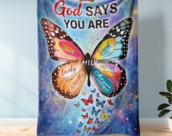 Personalized God Says You Are Christian Blanket, Custom Name Butterfly Religious Gift, Bible Verse Gift, Positive Affirmations Blanket