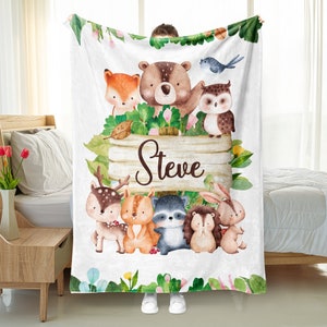 Personalized Woodland Baby Blanket, Forest Animal Baby Blanket, New Baby Gift, Woodland Animal Baby Blanket, Bear Fox Raccoon Deer Blanket