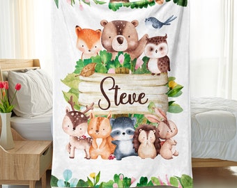 Personalized Woodland Baby Blanket, Forest Animal Baby Blanket, New Baby Gift, Woodland Animal Baby Blanket, Bear Fox Raccoon Deer Blanket