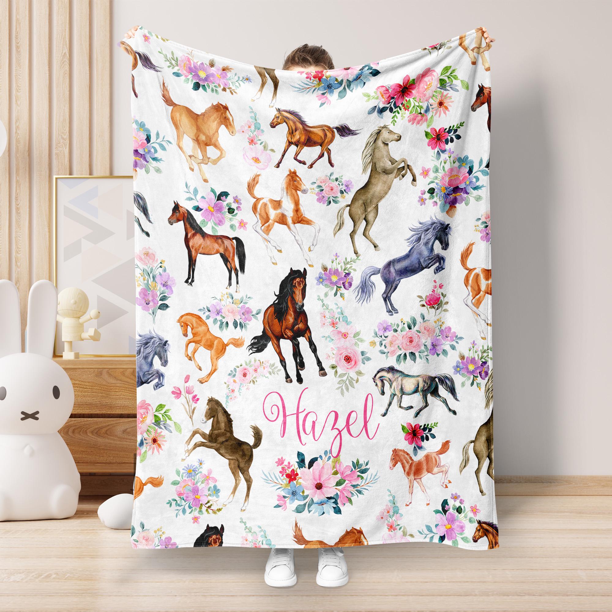 Personalized Horse Blanket, Custom Name Horse Fleece Sherpa Throw Blanket, Baby Blanket, Floral Horse Blanket