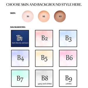 May include: A chart with nine color swatches to choose from for skin and background colors. The skin color options are labeled S1, S2, and S3. The background color options are labeled B1 through B9. B1 is a dark blue color with the text (dark blue sky and stars). B8 is a light gray color with the text (grey and white). B9 is a white color with the text (white).