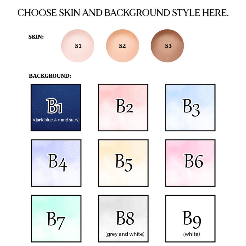 May include: A chart with nine color swatches to choose from for skin and background colors. The skin color options are labeled S1, S2, and S3. The background color options are labeled B1 through B9. B1 is a dark blue color with the text (dark blue sky and stars). B8 is a light gray color with the text (grey and white). B9 is a white color with the text (white).