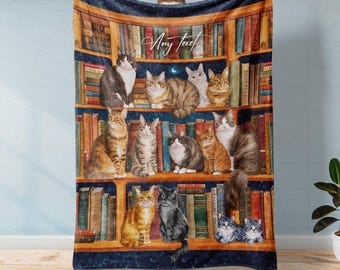 Gepersonaliseerde boekenplankdeken kat - gewoon een vrouw die dol is op katten en boeken Deken, aangepaste naamdeken, cadeau kattenliefhebber, cadeau boekenliefhebber