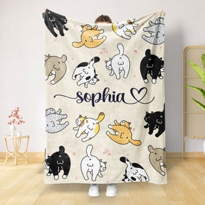 Personalized Cat Blanket, Cute Cats Blanket, Custom Name Cat Butt Blanket, Cat Lover Soft Fleece Blanket - Cat Throw Sherpa Fleece Blanket