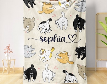 Personalized Cat Blanket, Cute Cats Blanket, Custom Name Cat Butt Blanket, Cat Lover Soft Fleece Blanket - Cat Throw Sherpa Fleece Blanket
