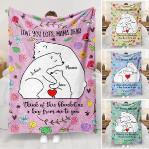 Personalisierte Mama Bär Blumendecke, Mama Bär Decke mit Kindernamen Geschenk für Mutter Oma, Wildblumen Oma Bär Quilt, neue Mutter Geschenk