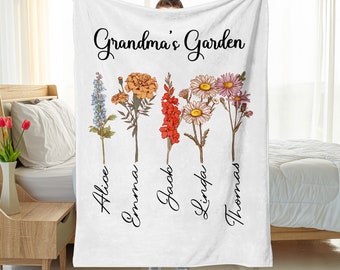 Manta personalizada del jardín de la abuela, manta de flores personalizada del mes de nacimiento, manta de tiro del jardín de Nana, regalo para la abuela, mamá con nombre de los niños