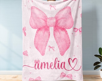 Cobertor de laço rosa personalizado, cobertor com nome personalizado para menina, presente estético pastel coquete para ela, decoração de quarto de meninas femininas