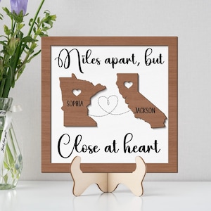 Personalized State to State Layered Wood Sign, Miles Apart But Close At Heart, Custom Name State Map Wall Art, Wedding Gift, Long Distance