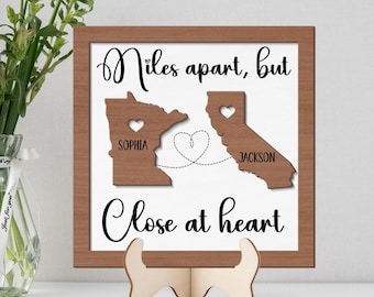 Personalized State to State Layered Wood Sign, Miles Apart But Close At Heart, Custom Name State Map Wall Art, Wedding Gift, Long Distance