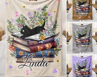 Gepersonaliseerde zwarte kat met boekendeken, cadeau voor kattenliefhebber, boeklezer cadeau, cadeau voor lezer, leesgrage cadeaudeken, zwarte kat en boek