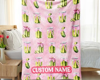 Personalized Pickle Blanket Custom Name Pickle Lover Blanket Coquette Bow Pickle Jar blanket gardening blanket Gift For Her
