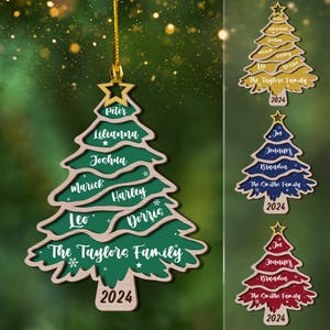 Personalized Family Name Tree Ornament, 2 Layered Laser Cut Family Christmas Ornament, Christmas Tree 2024 Wooden Ornament with Family Name