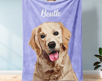 Personalized Pet Photo Throw Blanket, Custom Pet Watercolor Art Portrait Blanket, Dog Mom Gift, Dog Face and Name Blanket, Dog Lover Gift