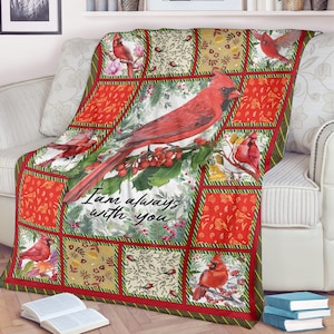 Personalisierte Kardinaldecke, ich bin immer bei Ihnen, Gedenkdecke, Familiendecke, Weihnachtsdecke, rote Vogeldecke