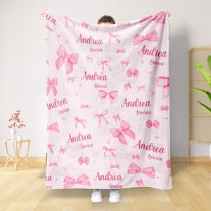 Personalized Pink Bow Blanket, Girl Newborn Swaddle Blanket, Custom Coquette Aesthetic Gift, Coquette Pink Bow Gift, Baby Gift