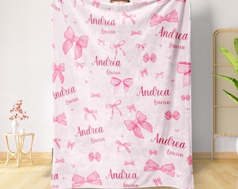 Manta de lazo rosa personalizada, manta para envolver a una niña recién nacida, regalo estético personalizado de Coquette, regalo de lazo rosa de Coquette, regalo para bebé