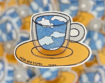 Dreamy Teacup Sticker, Clear Vinyl Sticker, Happy Sticker, Mindfulness Sticker, Blue Sky Sticker, Daydream Sticker, Relax And Enjoy Sticker