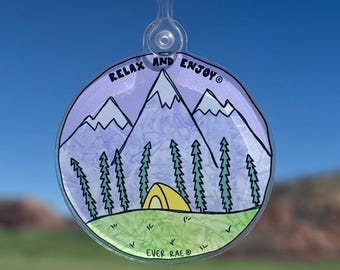 Purple Adventure Keychain, Camp Keychain, Hike Keychain, Cute Acrylic Keychain, New Car Keychain, Summer Keychain, Relax And Enjoy Keychain