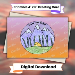 Cartão Montanhas Roxas para Download Digital, Cartão de Saudação em Aquarela, Cartão Inspirado na Natureza para Download Instantâneo, Cartão de Acampamento, Cartão Relaxe e Aproveite
