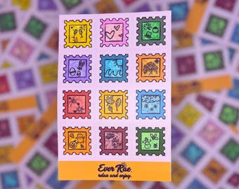 Stamp Sticker Sheet, Decorative Stamp Stickers, Festive Stickers, Holiday Sticker Sheet, Seasonal Stationery, Colorful Scrapbooking Stickers