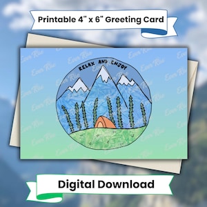 Cartão Blue Mountains para download digital, cartão de felicitações em aquarela, cartão de download instantâneo inspirado na natureza, cartão de acampamento, cartão de relaxamento e diversão