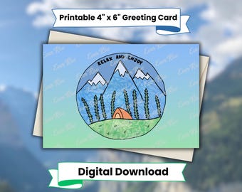Blau Berge Karte digitaler Download, Aquarell Grußkarte, Sofortiger Download Natur inspirierte Karte, Camping Karte, Karte zum Entspannen und Genießen