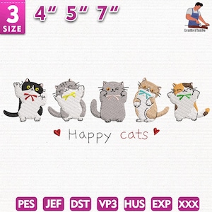 Happy Cat Embroidery Design, Cute Cat Embroidery File, Animal Embroidery Machine File, Instant Download, Includes 3 Sizes