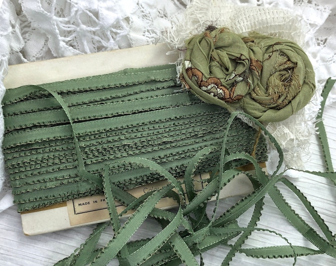 7mm...Rare Metal Edge Lettuce Ruffle...Flower Leaf Doll Silk Rayon Vintage French Sage Green Tinsel Ribbon Trim Collage Sewing Supplies