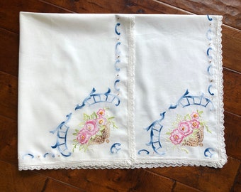 Vintage Hand Embroidered Tablecloth, Pink Roses...Tea or Bridge Tablecloth, Flower Basket Table Topper Cloth, Lace Border, Edging