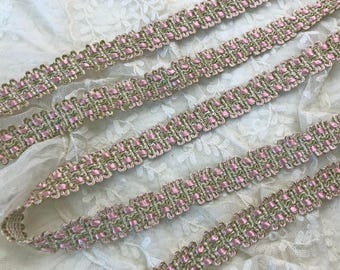 Vintage French Passementerie Trim, Light Pink & Palest Green, Decorative Gimp Home Decor Embellishment, Pillows Lampshades Handbags Clothing