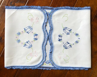 Vintage Canterbury Bells Floral Table Runner, Dresser Scarf, Doily, 38"...Hand Embroidered Flowers, Hand Crochet Lace Edge Trim, 1940s-1950s