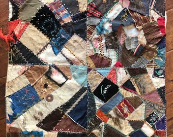 Antique Victorian Crazy Quilt Square Blocks Panel, Late 1800s Collectible Textile Art, Primitive, Tattered, Time Worn, Silk, Velvet, CQBP3