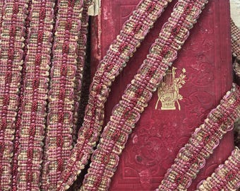 Vintage Passementerie Trim, Rich Deep Rose Pink, Chenille, Haberdashery Yardage, Fancy Woven Trim, Home Decor Embellishment