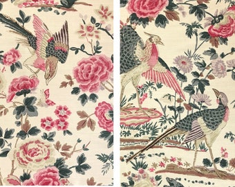 RARE Vintage Exotic Screen Print Fabric Panels / Pandaranda by Bennison Fabrics...Birds, Flowers, Butterfly, Pink, Green & Natural Colors