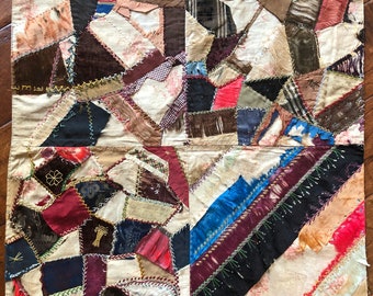 Antique Victorian Crazy Quilt Square Blocks Panel, Late 1800s Collectible Textile Art, Primitive, Tattered, Time Worn, Silk, Velvet, CQBP5