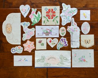 Vintage Embroidered Linen Fragment Bundle...20 Pieces, Patches, Applique Lot...Flowers, Hearts, Floral Basket, Butterfly, Craft Supply,#2401