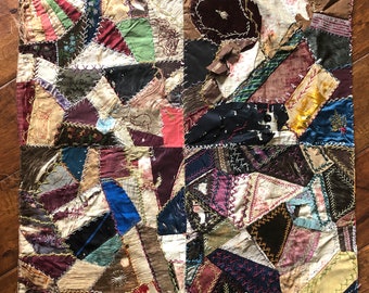 Antique Victorian Crazy Quilt Square Panel, Late 1800s Collectible Textile Art, Primitive, Time Worn, Silk, Satin, Velvet, CCP1