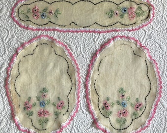 Antique Hand Embroidered Dresser Linens, 3 Piece Set, Vanity Linens, Boudoir Linens, Dresser Doilies, Flowers, Fine Crochet Lace Edge