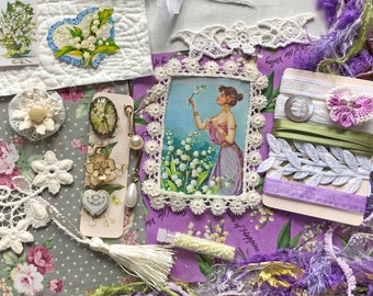 The Language of Flowers Embellishment Inspiration Kit 259...Lily of the Valley "Return to Happiness" ... Junk Journals, Slow Stitch, Collage