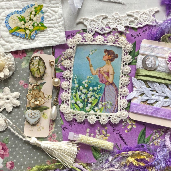 Embellishment Inspiration Kit 259...Lily of the Valley "Return to Happiness" The Language of Flowers...Vintage Elements, Fabric & Fiber Arts