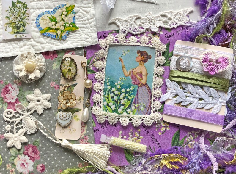 Embellishment Inspiration Kit 259...Lily of the Valley Return to Happiness The Language of Flowers...Vintage Elements, Fabric & Fiber Arts image 1