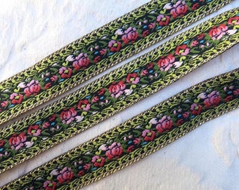 2 Yds Vintage Embroidered Jacquard Ribbon Trim ...  Red & Pink Flower Embroidery, Metallic Gold Edging ... Embellishment Supply