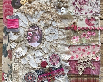 Slow Stitch Kit, "Briar Rose" Primitive Inspiration Collection, Vintage & Antique Fabrics, Laces, Buttons, Pink, Texture,Artistic Sewing Kit